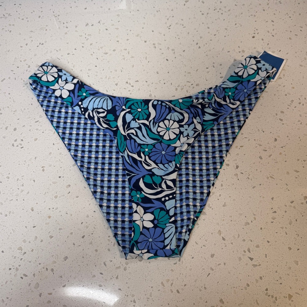 Roxy Reversible Bikini Bottoms Blue Floral Geometric Print Size Medium M‎ NWT